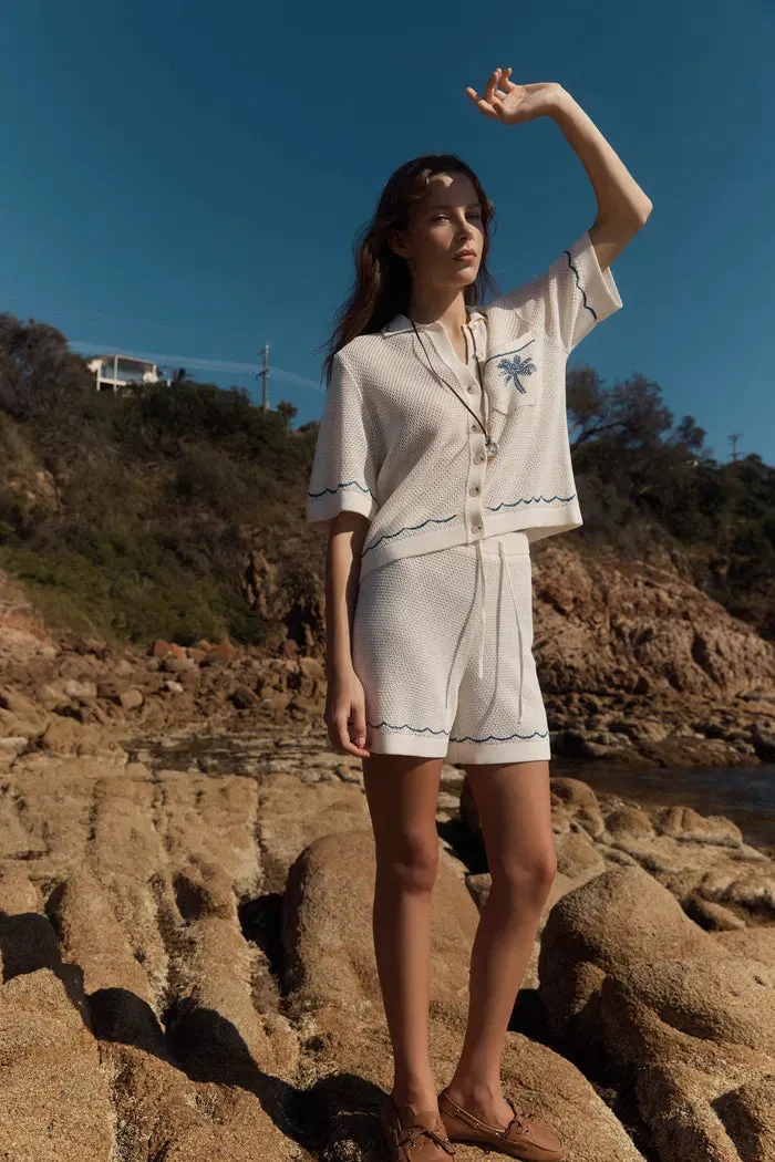 Oriel Palm Handworked Embroidery Buttoned Cardigan and Shorts Set in Linen Blend Knit sold by Fabrique product image thumbnail 3