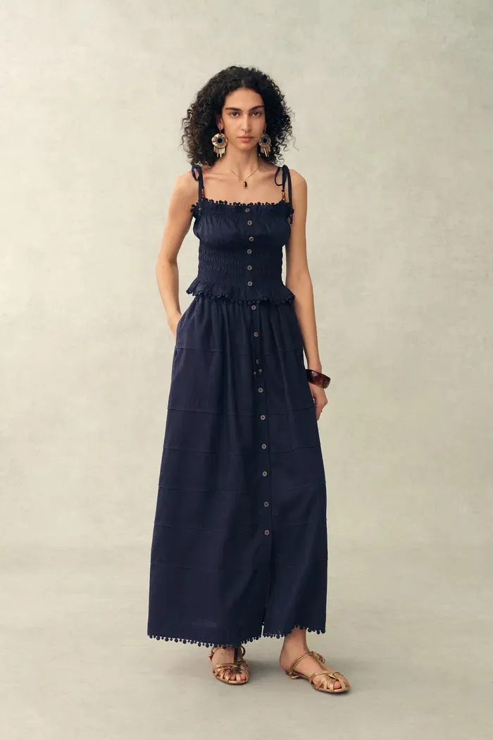 Siena Smocked Tie Front Bandeau Top and Maxi Skirt Set in Linen Blend sold by Fabrique