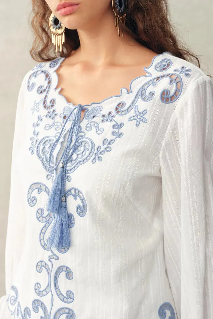 Maggie Embroidery Resort Wear Tie Front Sheer Shirt and Skirt Set in Cotton Jacquard sold by Fabrique product image thumbnail 5