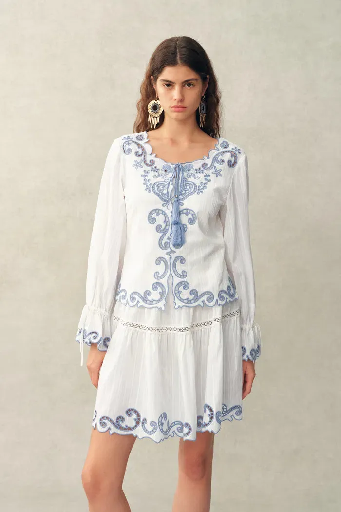 Maggie Embroidery Resort Wear Tie Front Sheer Shirt and Skirt Set in Cotton Jacquard sold by Fabrique product image thumbnail 2