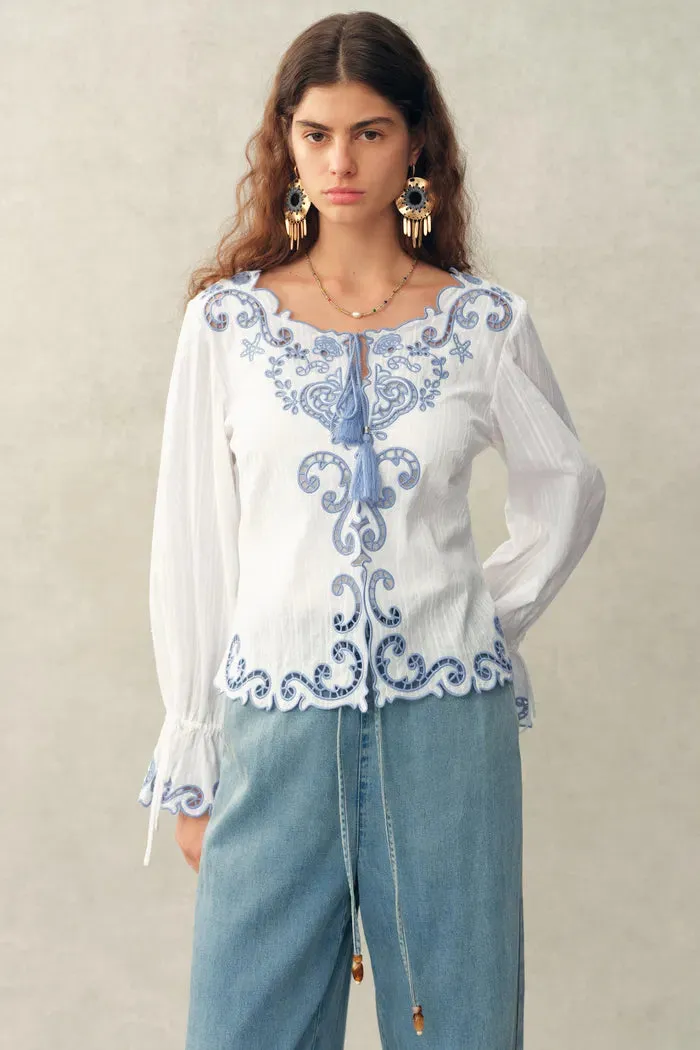 Maggie Embroidery Resort Wear Tie Front Sheer Shirt in Cotton Jacquard sold by Fabrique product image thumbnail 5
