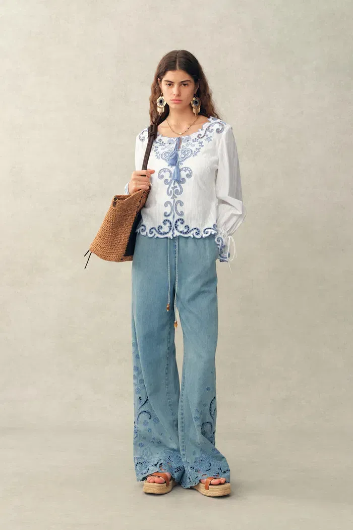 Maggie Embroidery Resort Wear Tie Front Sheer Shirt in Cotton Jacquard sold by Fabrique product image thumbnail 2