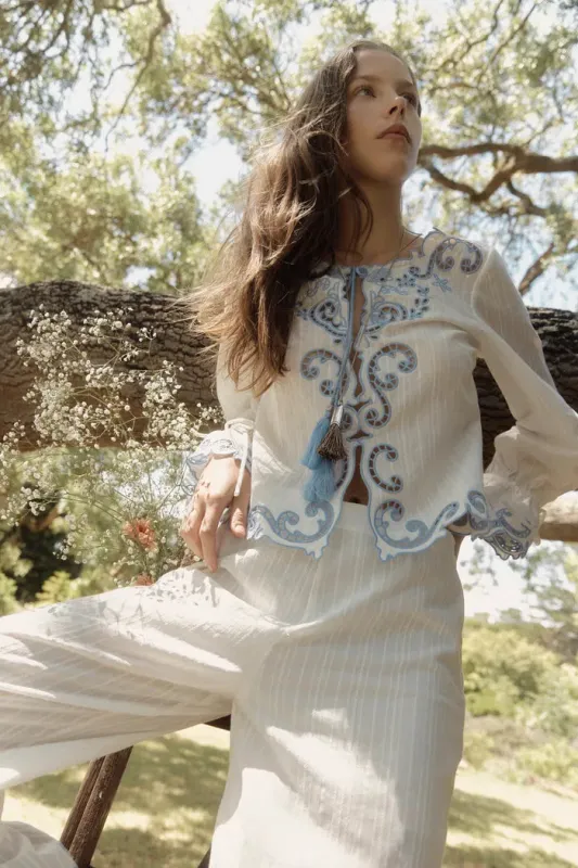 Maggie Embroidery Resort Wear Tie Front Sheer Shirt in Cotton Jacquard made by Fabrique