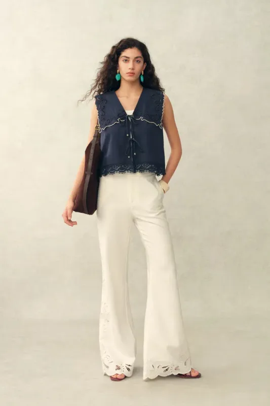 Blue Ivy Sailor Collar Sleeve Sleeveless Top in Cotton Jacquard with Lace made by Fabrique