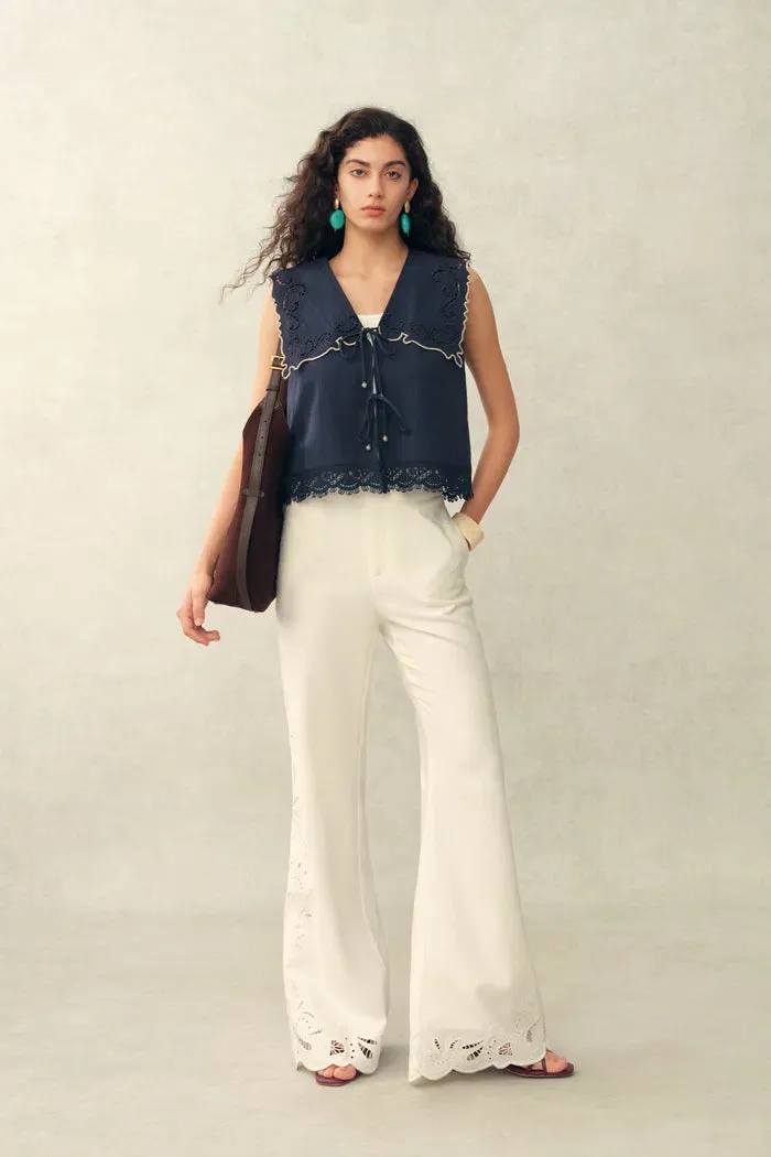 Blue Ivy Sailor Collar Sleeve Sleeveless Top in Cotton Jacquard with Lace sold by Fabrique