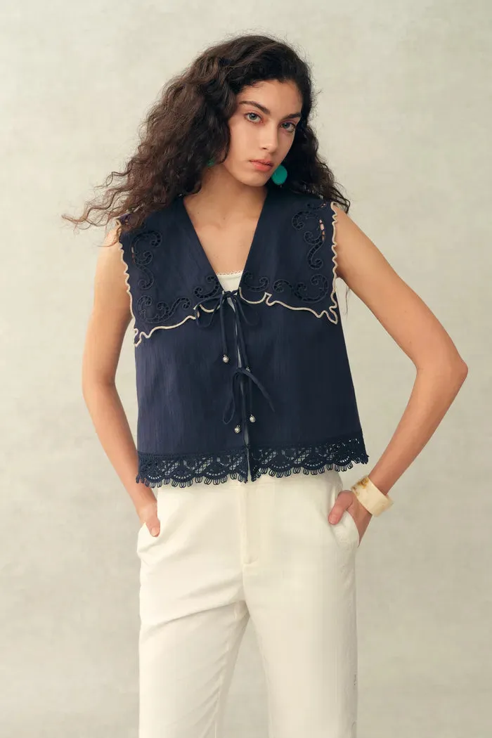Blue Ivy Sailor Collar Sleeve Sleeveless Top in Cotton Jacquard with Lace sold by Fabrique product image thumbnail 2