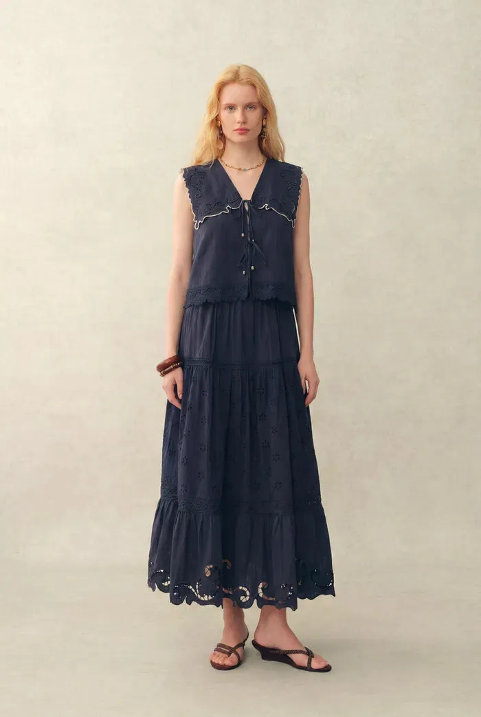 Blue Ivy Sailor Collar Sleeve Sleeveless Top in Cotton Jacquard with Lace sold by Fabrique product image thumbnail 3