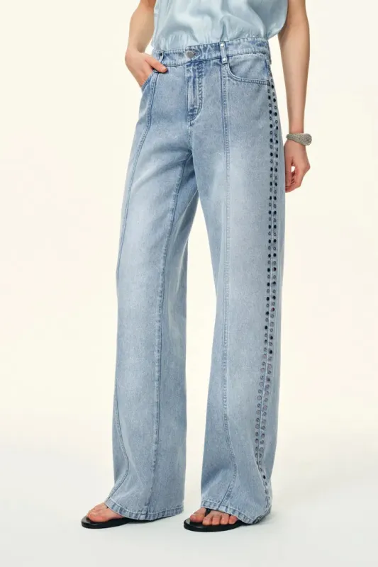 Calli Studded Beading Panel Straight Jeans in in Cotton Denim made by Fabrique