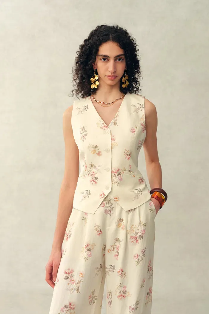 Flora Floral Sleeveless Vest Top and Pants Set in Linen Blend Suiting sold by Fabrique product image thumbnail 2