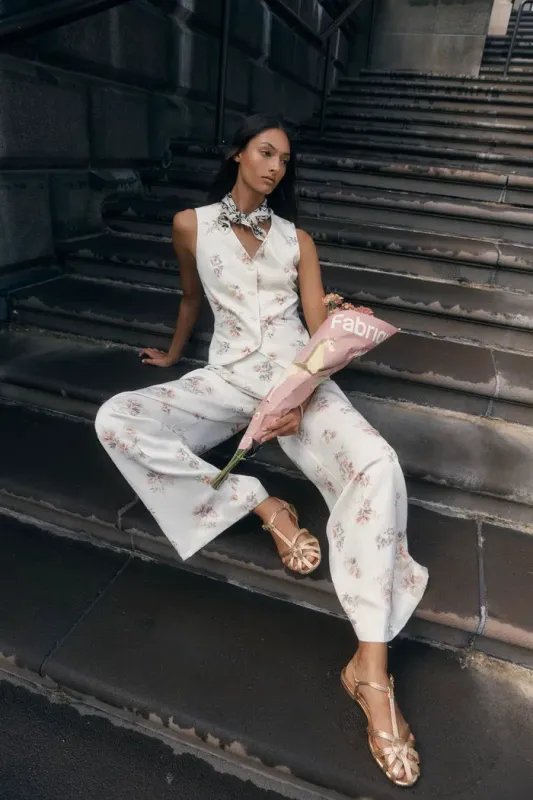 Flora Floral Sleeveless Vest Top and Pants Set in Linen Blend Suiting made by Fabrique