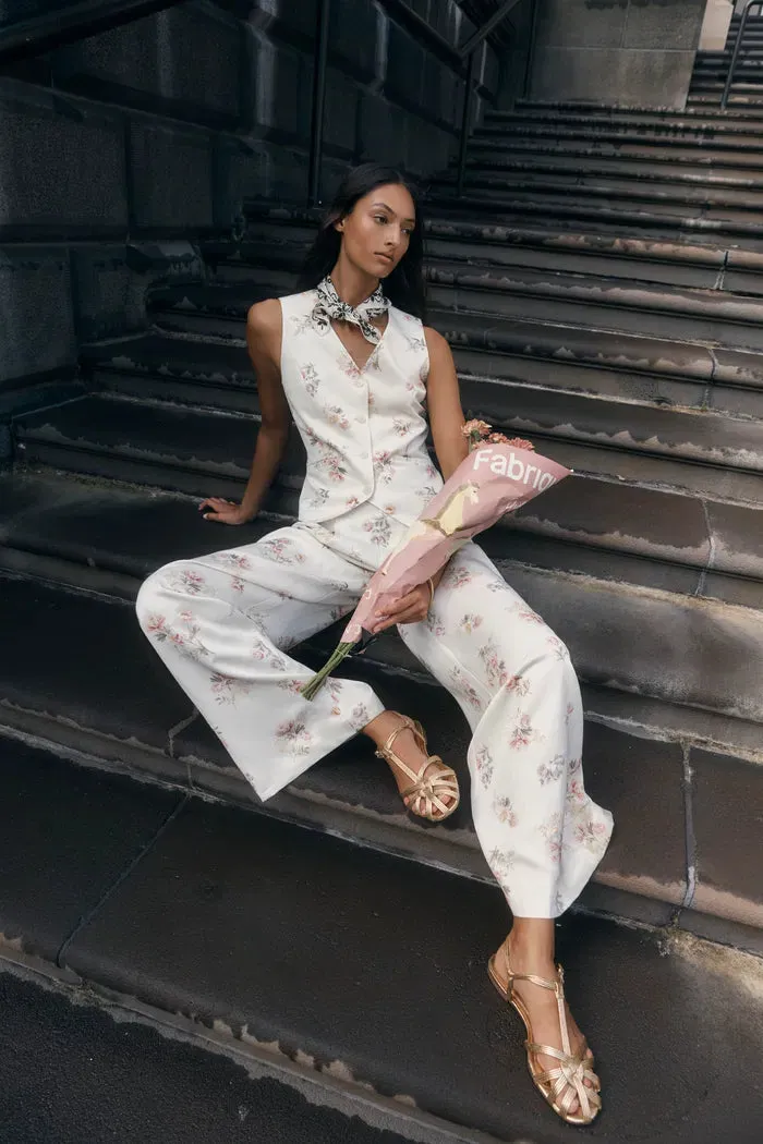 Flora Floral Sleeveless Vest Top and Pants Set in Linen Blend Suiting sold by Fabrique