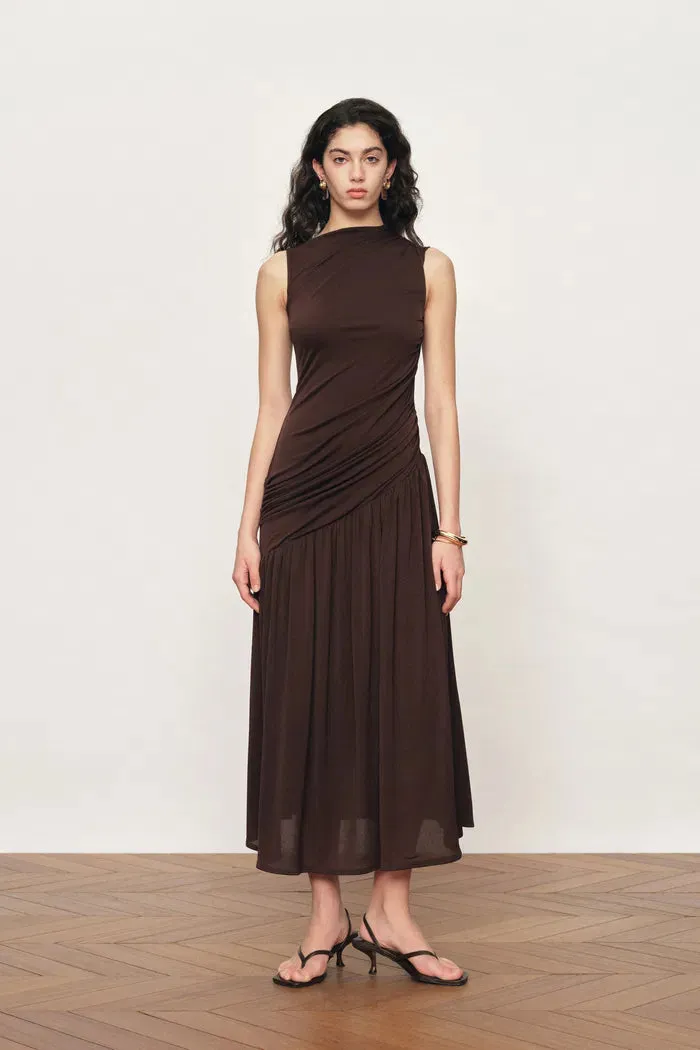 Avery Asymmetrical Ruched Sleeveless Dress in Acetate Blend Knit sold by Fabrique