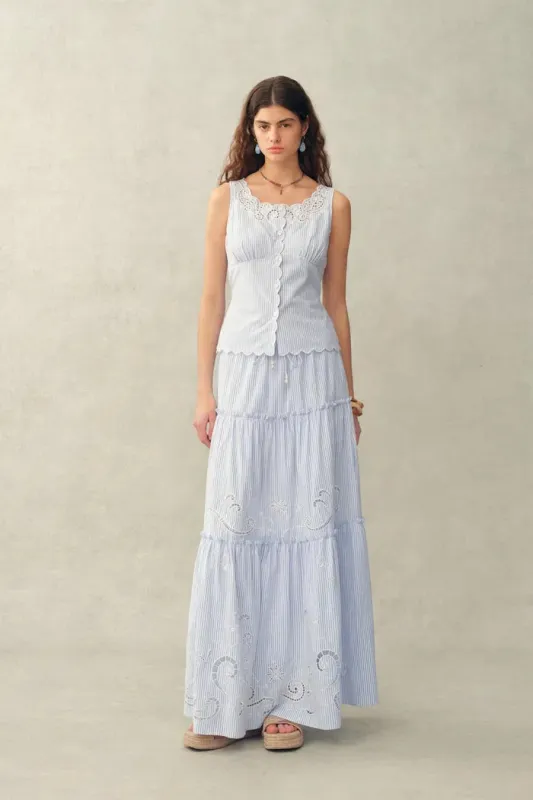 Lone Striped Embroidered Sleeveless Lace Trim Cami Top and Skirt Set in Crinkled Cotton made by Fabrique