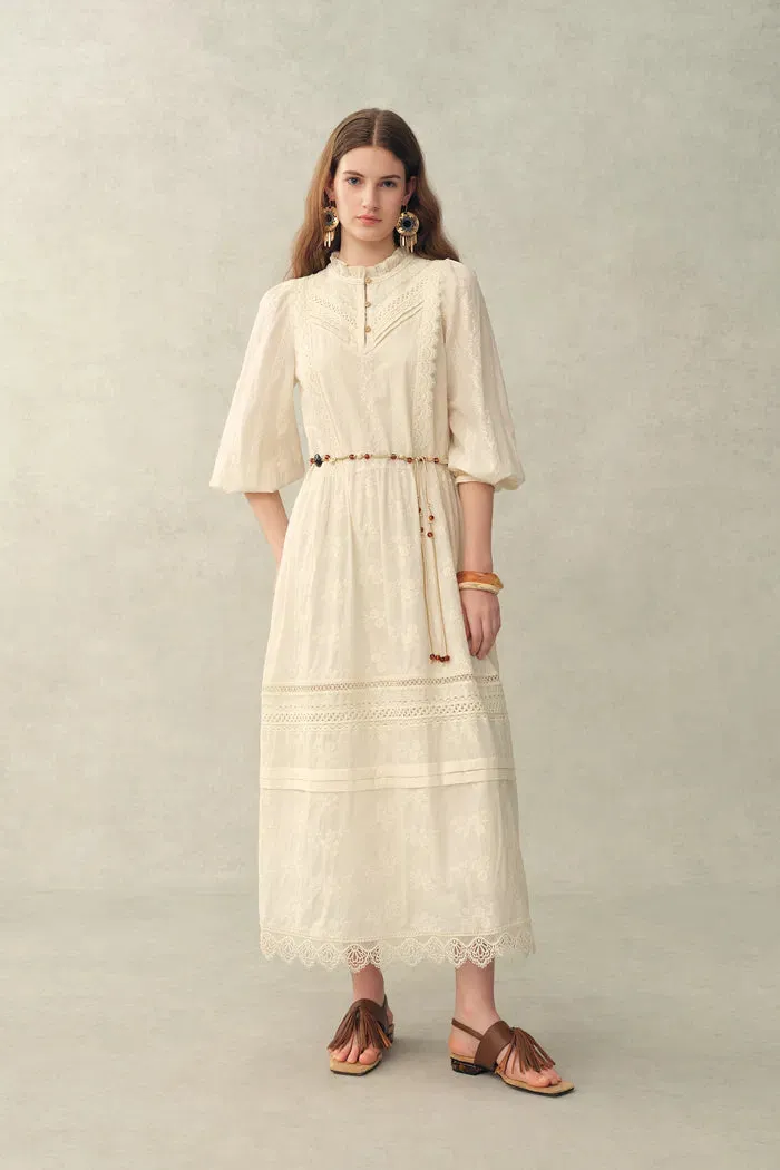 Lyra Embroidery Beaded Waist Puff Sleeve Dress in Cotton Jacquard with Lace sold by Fabrique