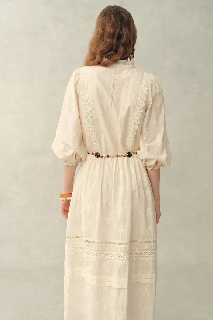 Lyra Embroidery Beaded Waist Puff Sleeve Dress in Cotton Jacquard with Lace sold by Fabrique product image thumbnail 2