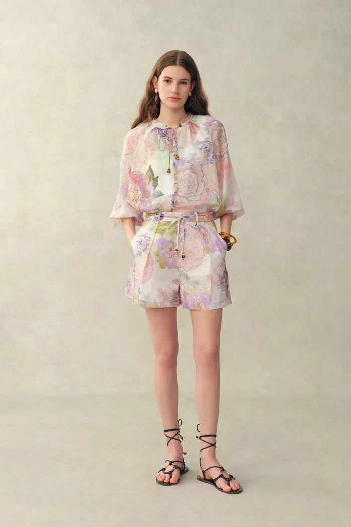 Yori Handpainted Floral Print Sheer Beaded Belt Shorts in Silk Linen Blend sold by Fabrique product image thumbnail 3