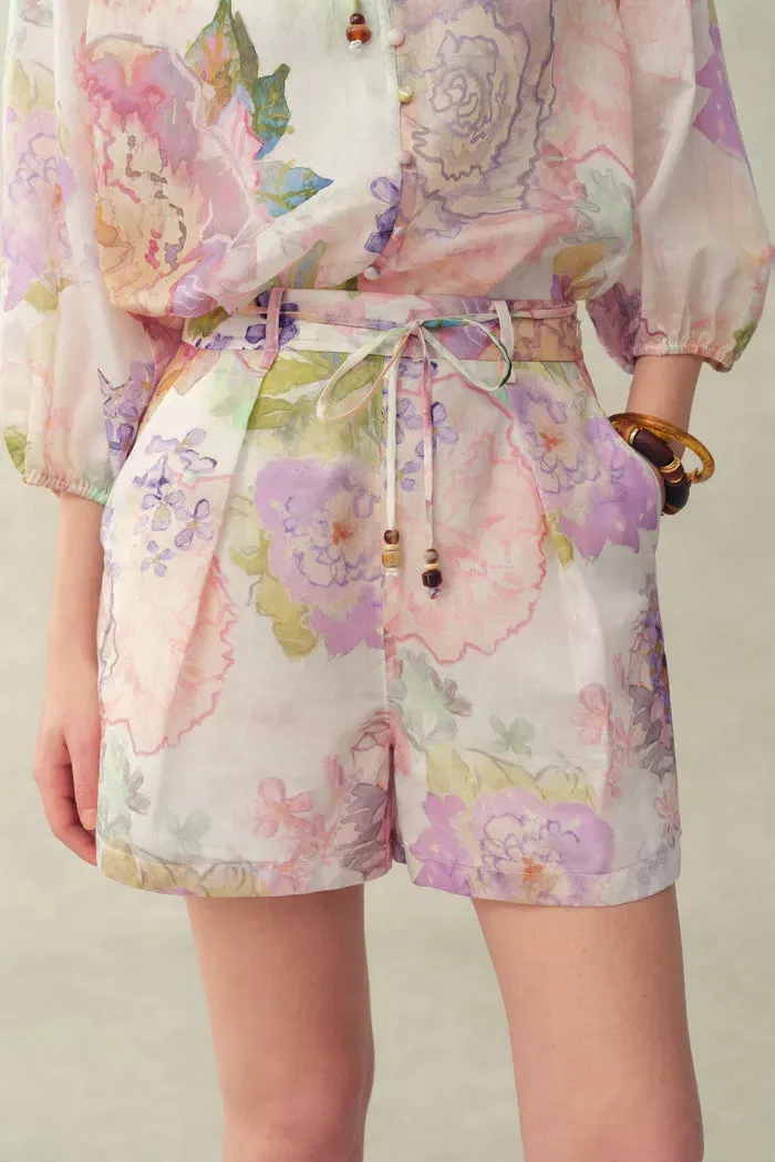Yori Handpainted Floral Print Sheer Beaded Belt Shorts in Silk Linen Blend sold by Fabrique product image thumbnail 4