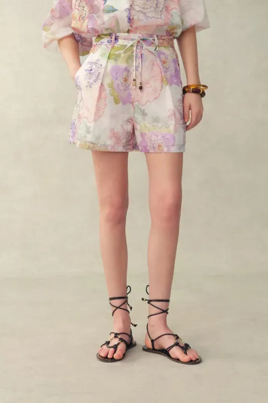 Yori Handpainted Floral Print Sheer Beaded Belt Shorts in Silk Linen Blend made by Fabrique