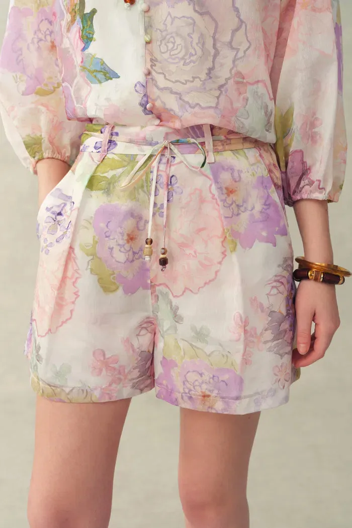 Yori Handpainted Floral Print Sheer Beaded Belt Shorts in Silk Linen Blend sold by Fabrique product image thumbnail 5