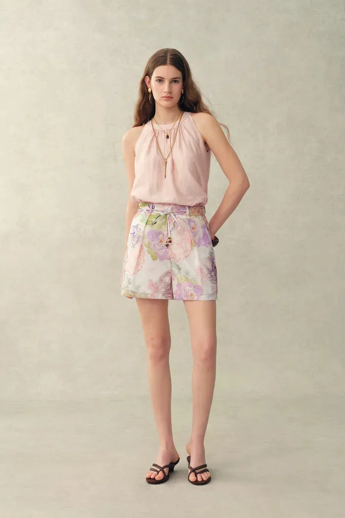 Yori Handpainted Floral Print Sheer Beaded Belt Shorts in Silk Linen Blend sold by Fabrique product image thumbnail 2