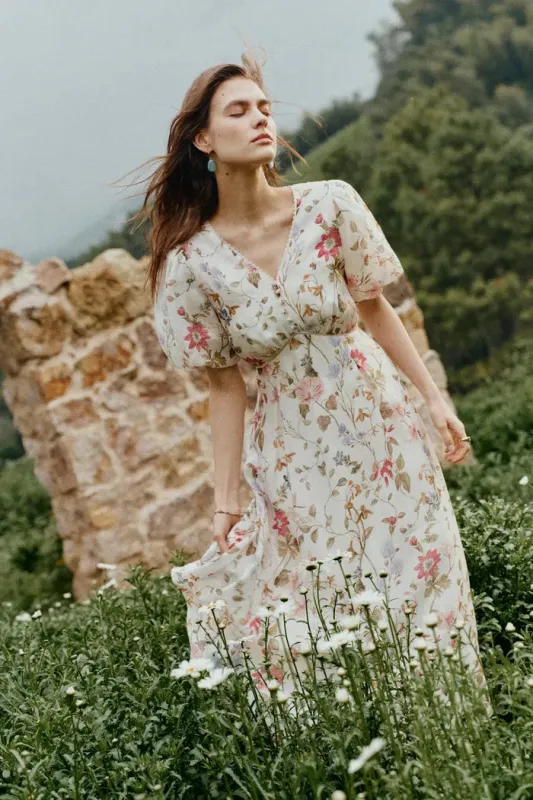 Willa Floral Print V Neck Puff Sleeve Dress in Silk Linen Organza made by Fabrique