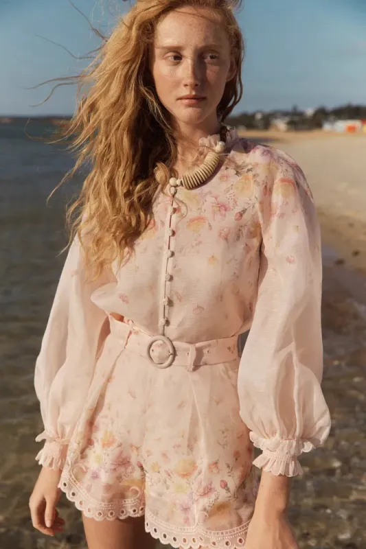Lillian Handpainted Floral Embroidery Sheer Ombré Print Blouse and Shorts Set in Silk Linen Organza made by Fabrique