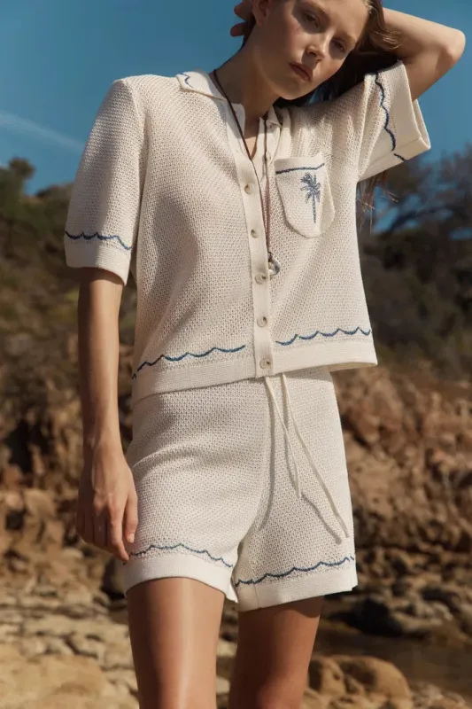 Oriel Palm Handworked Embroidery Buttoned Cardigan and Shorts Set in Linen Blend Knit made by Fabrique