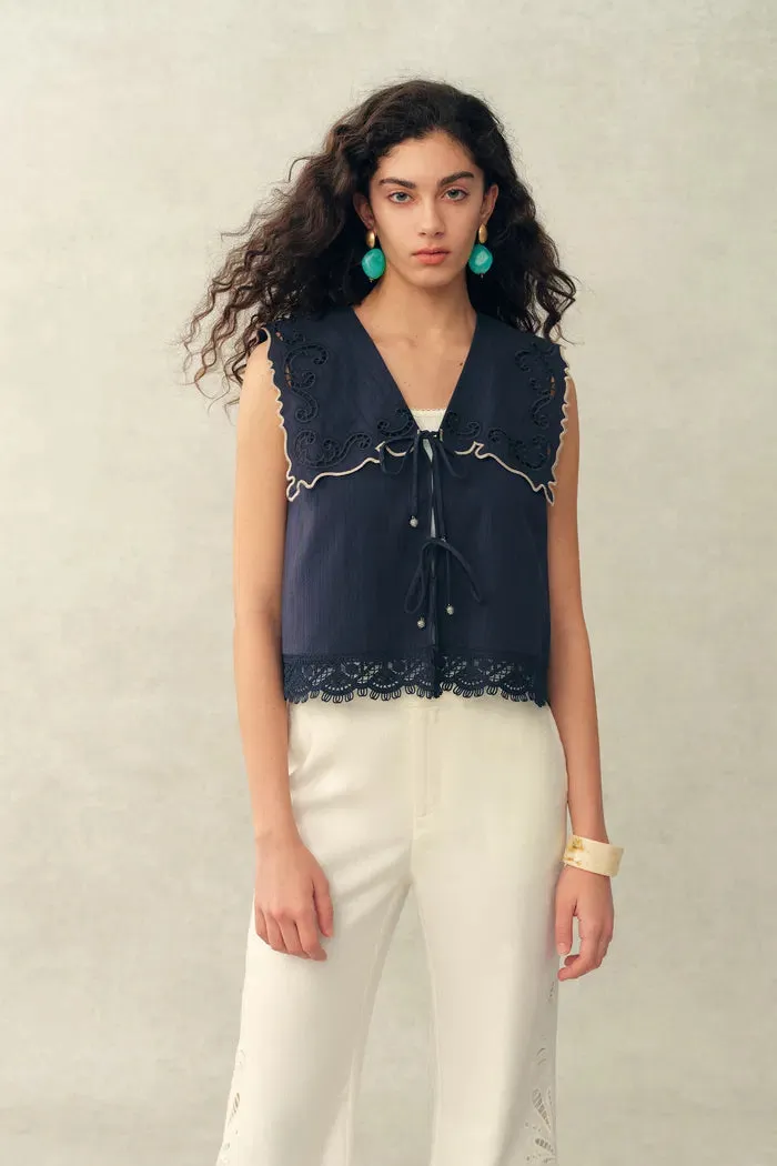 Blue Ivy Sailor Collar Sleeve Sleeveless Top and Skirt Set in Cotton Jacquard with Lace sold by Fabrique product image thumbnail 2