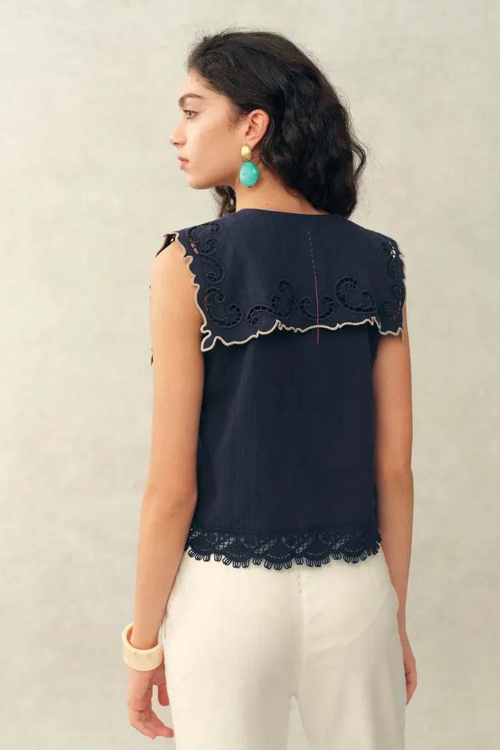 Blue Ivy Sailor Collar Sleeve Sleeveless Top and Skirt Set in Cotton Jacquard with Lace sold by Fabrique product image thumbnail 3
