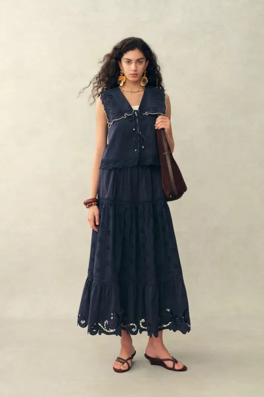 Blue Ivy Sailor Collar Sleeve Sleeveless Top and Skirt Set in Cotton Jacquard with Lace made by Fabrique