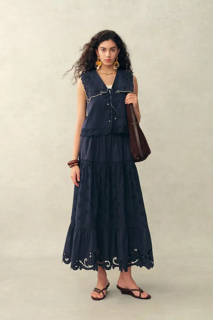 Blue Ivy Sailor Collar Sleeve Sleeveless Top and Skirt Set in Cotton Jacquard with Lace sold by Fabrique