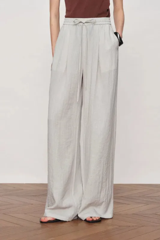 Eva Ivory Ruched Drawstring Wide Leg Casual Pants in Lightweight Linen Blend made by Fabrique