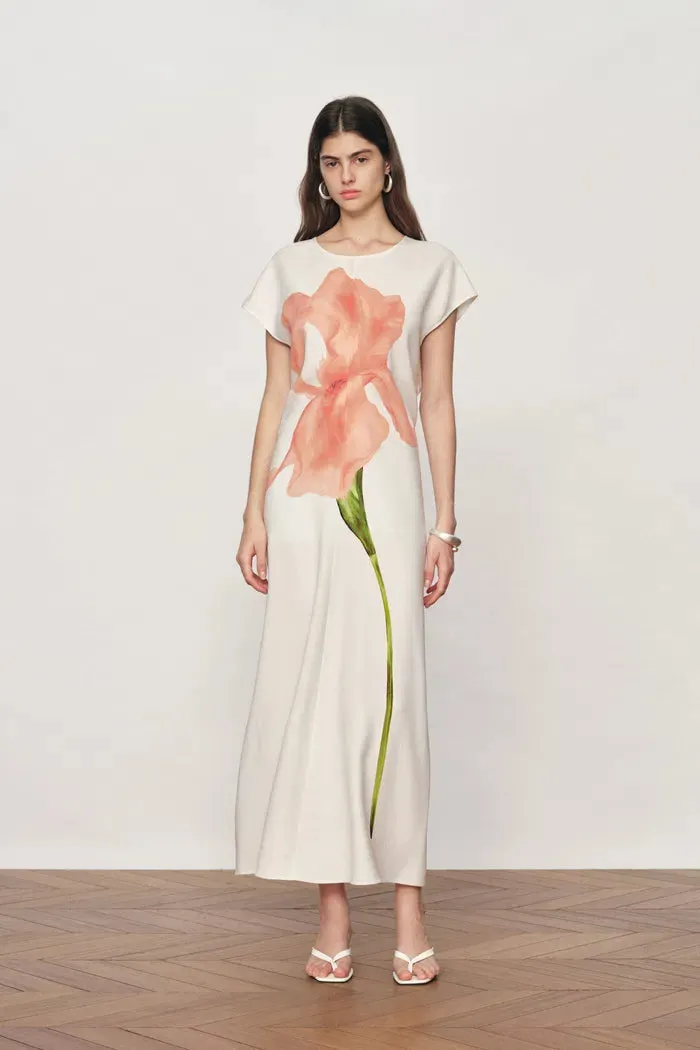 Adelaide Iris Print Short-Sleeve Dress in Soft Stretch Fabric sold by Fabrique