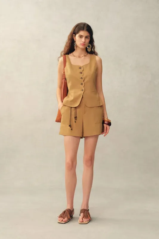 Suzane Handwork Stitched Scalloped Trim Sleeveless Top and Shorts Set in Linen Blend Suiting made by Fabrique