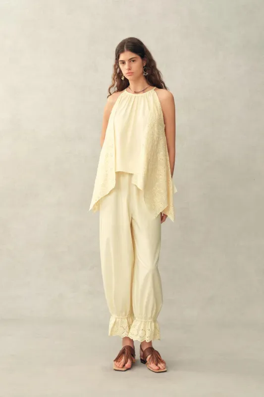 Hazel Lace Panel Halterneck Sleeveless Top and Pants Set in Silk Cotton Blend made by Fabrique