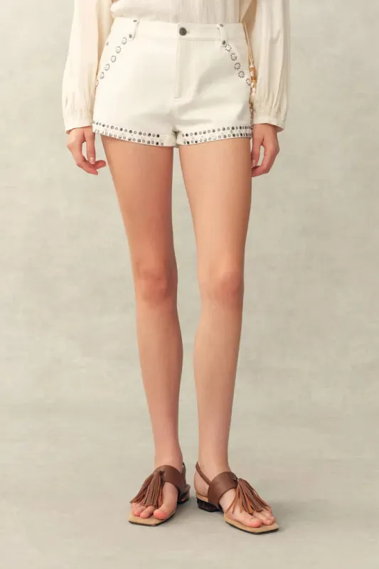 Cori Boho Mother of Pearl Studded A Line Shorts in Cotton Denim made by Fabrique