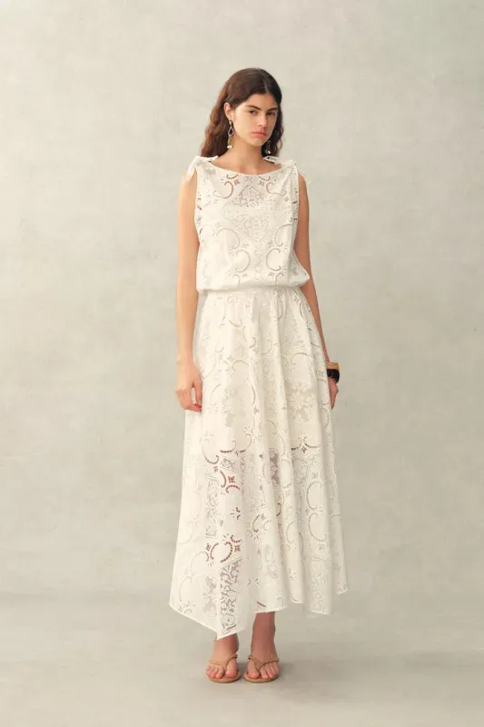 Nellie Cutwork Embroidered Scarf Tie Layered Sleeveless Dress in 100% Cotton with Lace made by Fabrique