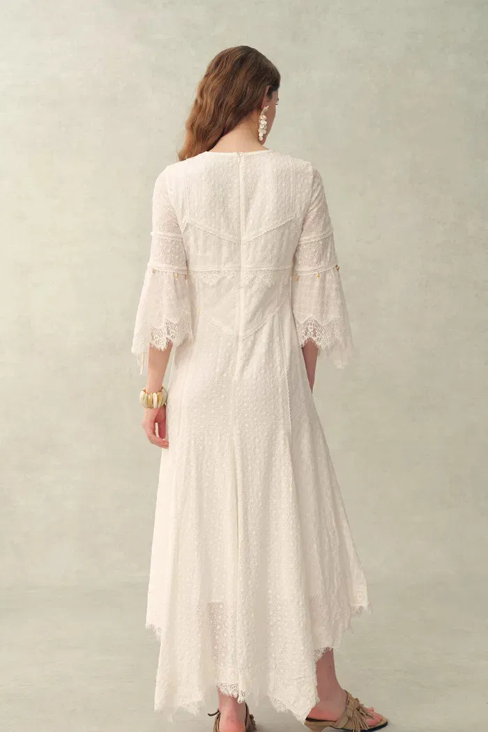 Aitana Lace Jacquard Embroidery Long Sleeves Irregular Hem Dress in Tencel Linen sold by Fabrique product image thumbnail 5