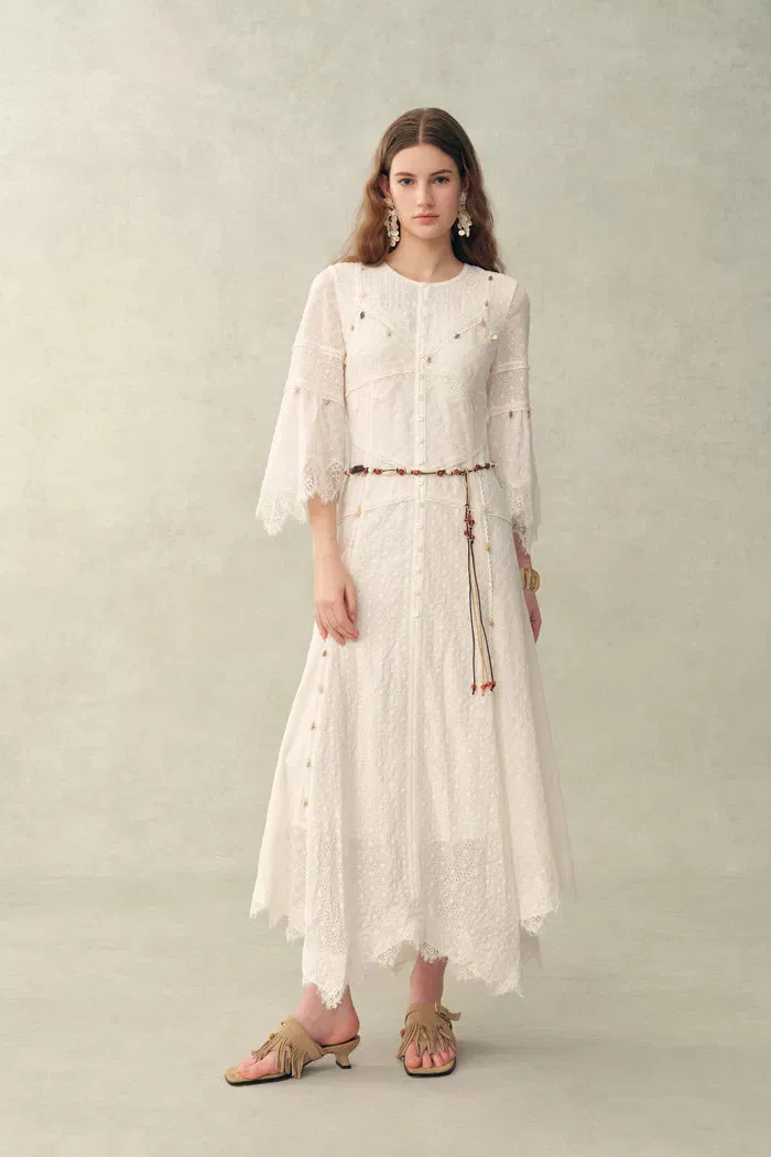 Aitana Lace Jacquard Embroidery Long Sleeves Irregular Hem Dress in Tencel Linen sold by Fabrique product image thumbnail 2