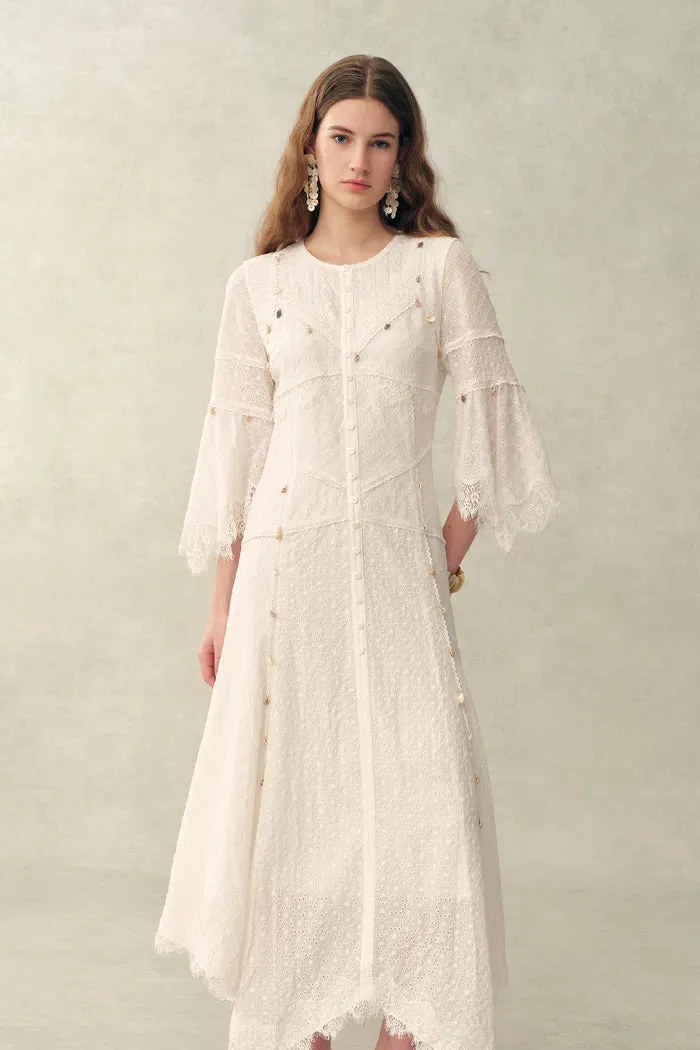 Aitana Lace Jacquard Embroidery Long Sleeves Irregular Hem Dress in Tencel Linen sold by Fabrique product image thumbnail 4