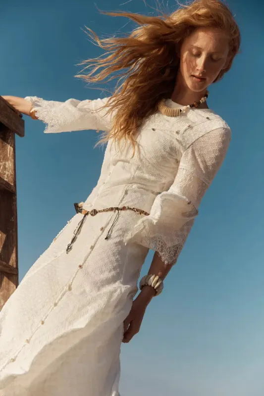 Aitana Lace Jacquard Embroidery Long Sleeves Irregular Hem Dress in Tencel Linen made by Fabrique