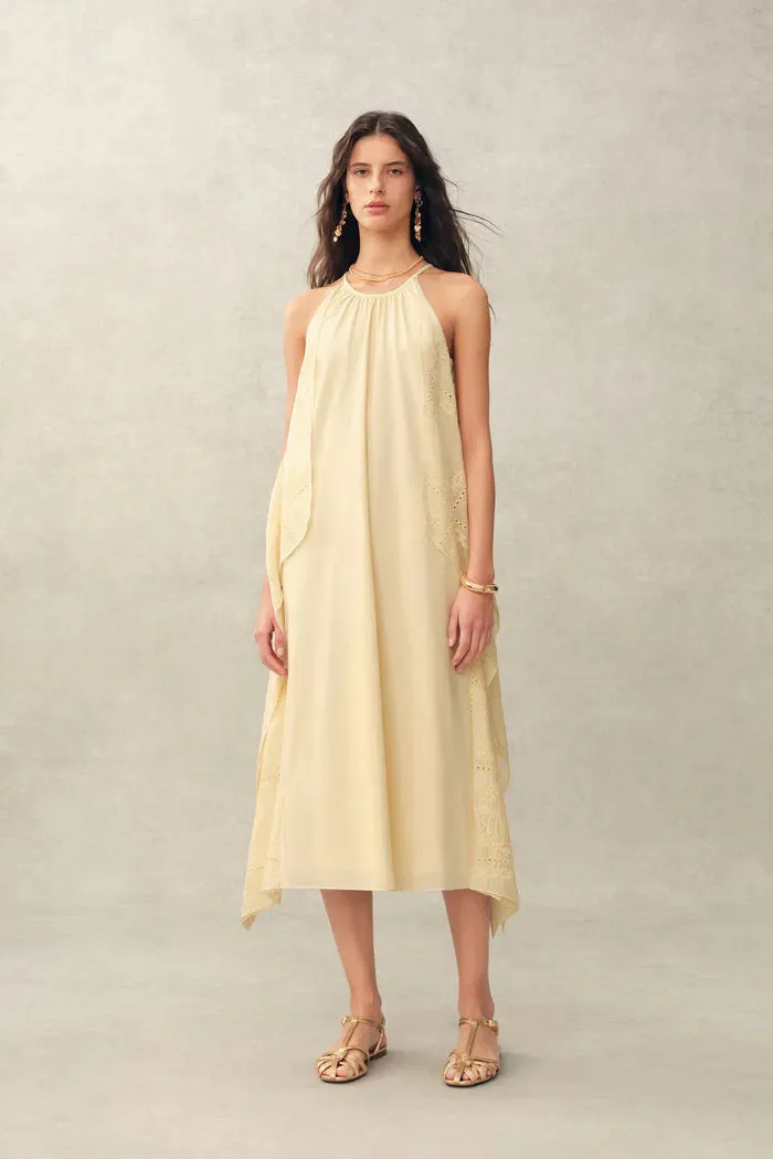 Hazel Lace Panel Halter Neck Sleeveless Boho Dress in Silk Cotton Blend sold by Fabrique