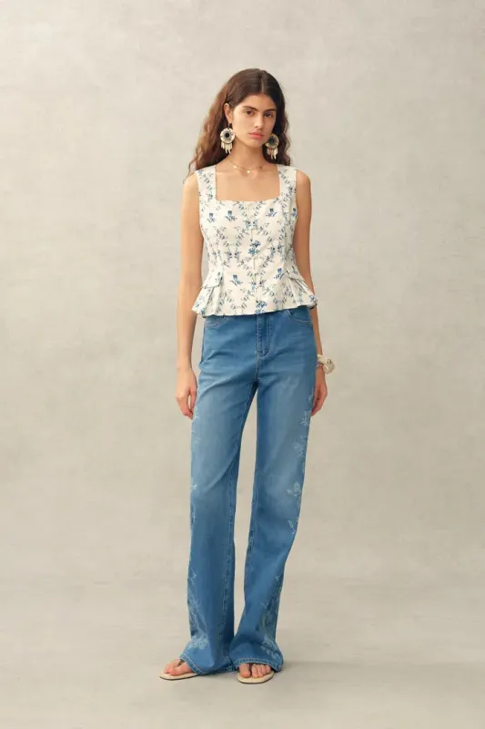 Elara Pleated Floral Square Neck Pearl Button Sleeveless Top in Linen Blend made by Fabrique