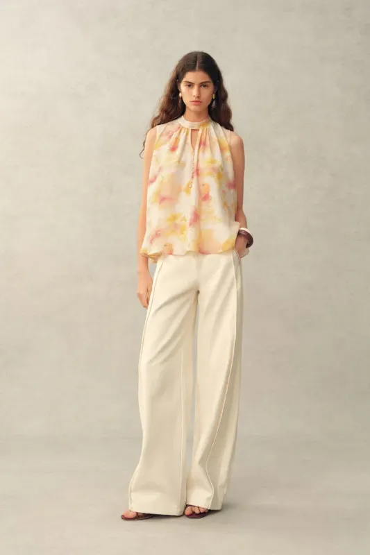 Charlotte Handpainted Floral Neck Tie Sleeveless Blouse in Silk Double Crepe made by Fabrique