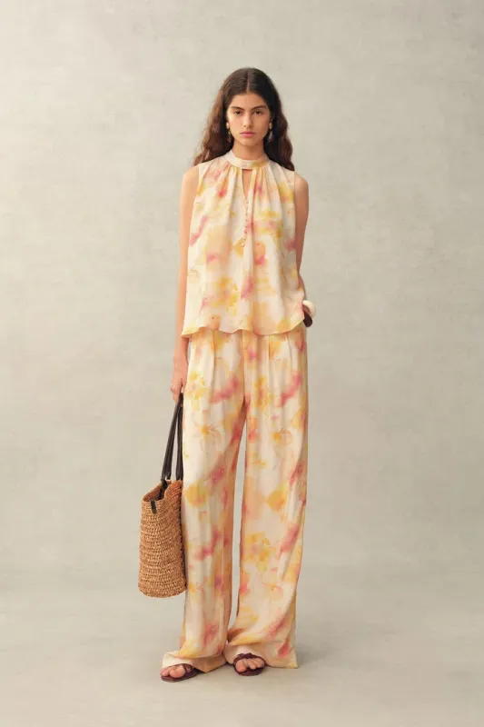 Charlotte Handpainted Floral Neck Tie Sleeveless Blouse and Pants Set in Silk Double Crepe made by Fabrique