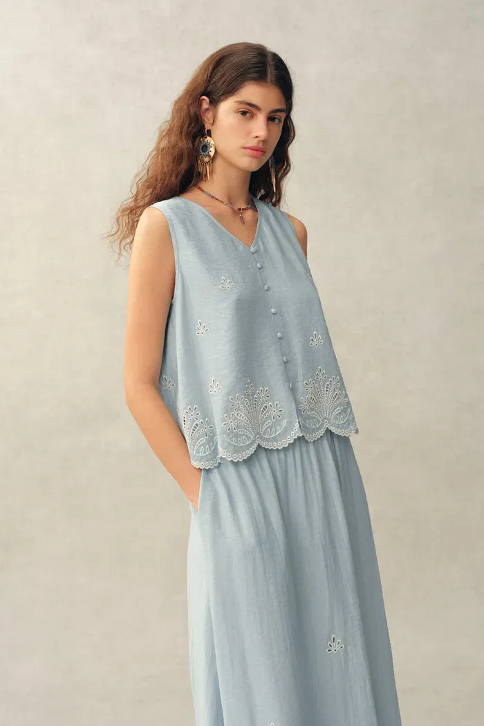 Yori Floral Embroidery V Neck Sleeveless Top and Skirt Set in Linen Blend sold by Fabrique product image thumbnail 3