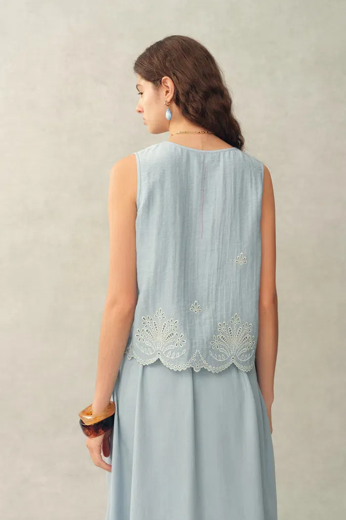 Yori Floral Embroidery V Neck Sleeveless Top and Skirt Set in Linen Blend sold by Fabrique product image thumbnail 4