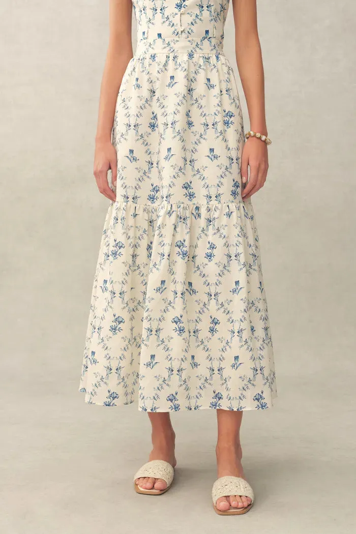 Elara Pleated Floral Square Neck Pearl Button Sleeveless Top and Skirt Set in Linen Blend sold by Fabrique product image thumbnail 4