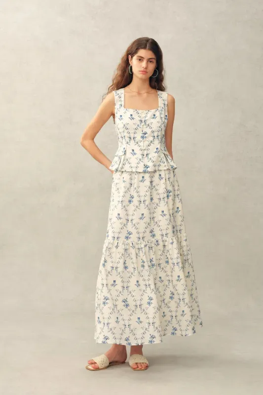 Elara Pleated Floral Square Neck Pearl Button Sleeveless Top and Skirt Set in Linen Blend made by Fabrique