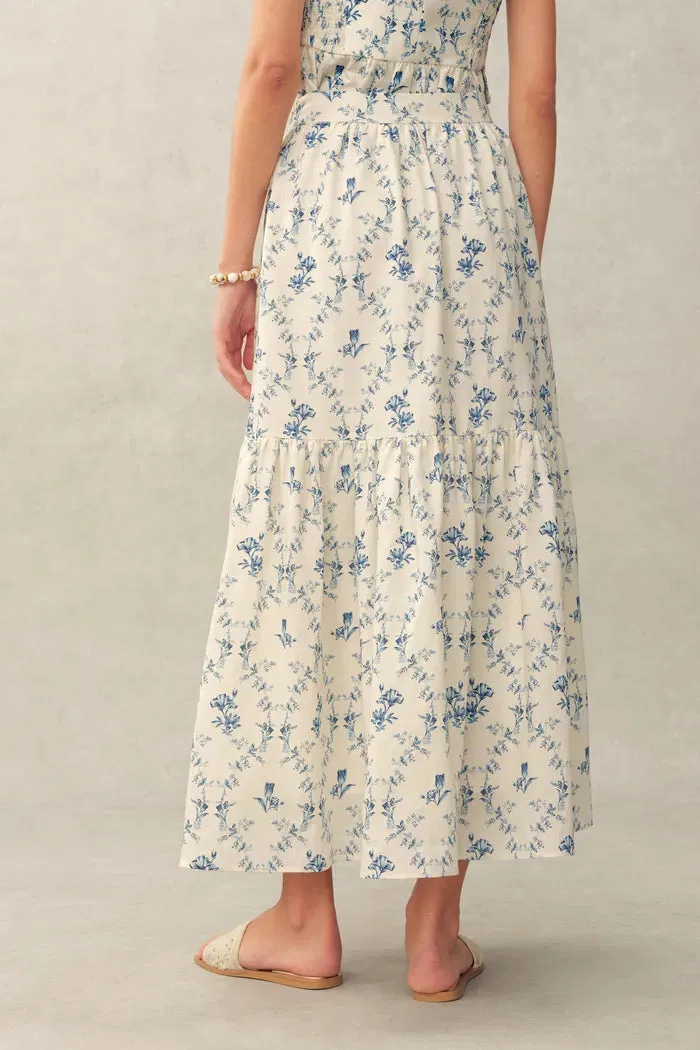 Elara Pleated Floral Square Neck Pearl Button Sleeveless Top and Skirt Set in Linen Blend sold by Fabrique product image thumbnail 5